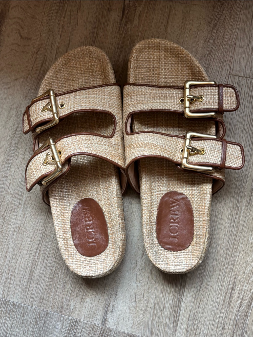 J. Crew Raffia Double-Buckle Slide Sandals in Tan with Gold Buckles